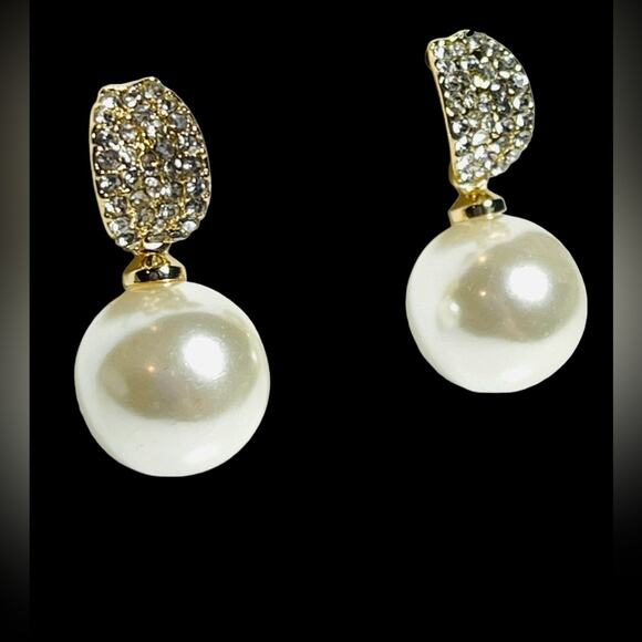 NEW Charter Club Pearl Drop EARRINGS 1" Pave Crystal & Faux Pearl Post Back Gold - Picture 3 of 4
